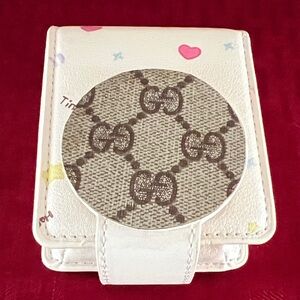 White Heart Print Compact Wallet with Beige Monogram Accent